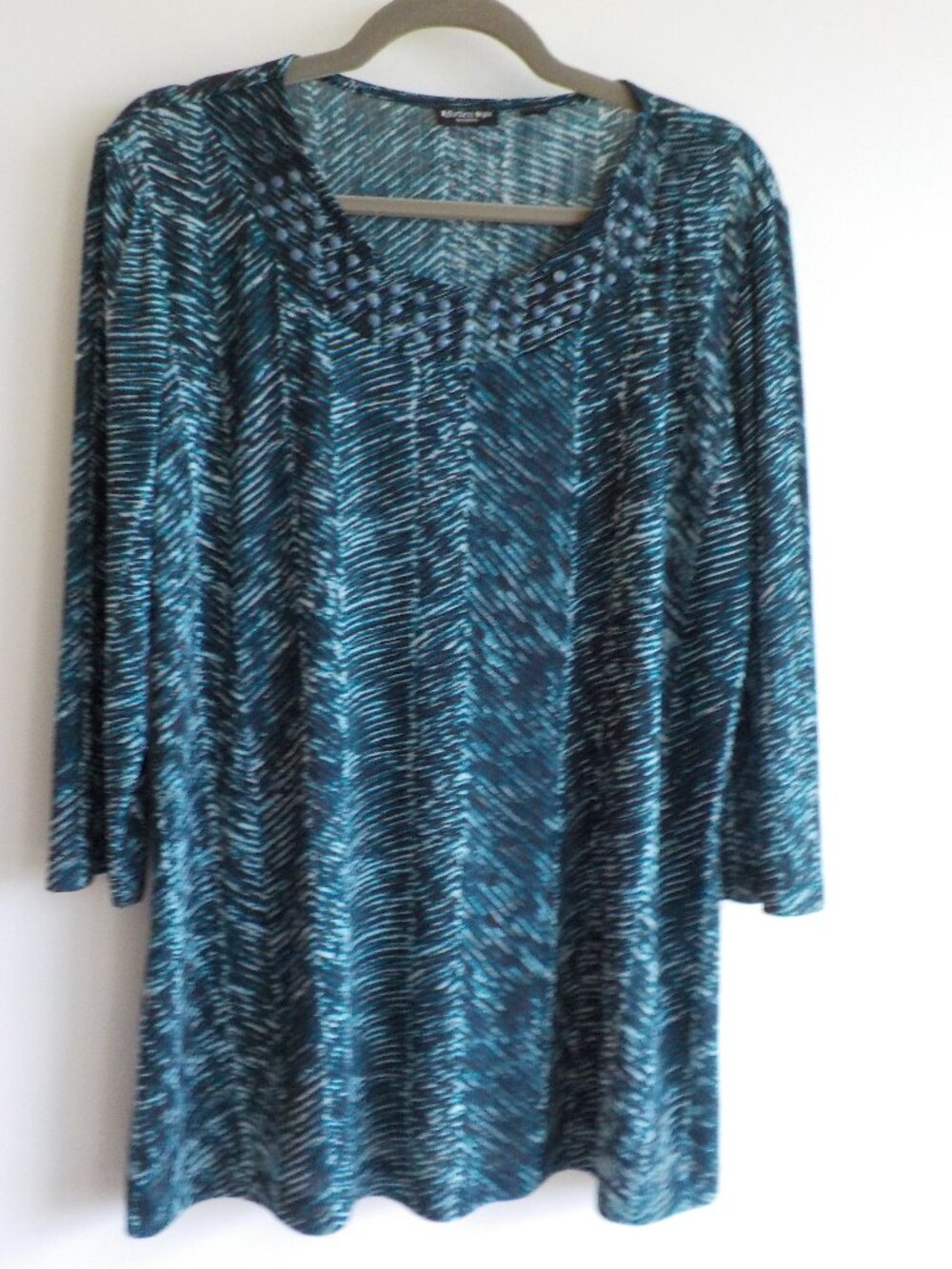 Citiknits Blouse Tunic - Large - Made USA - black/blue/white 3/4 sleeve (2405)